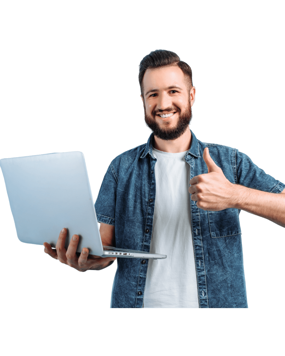 A seller holding a laptop, giving a thumbs up